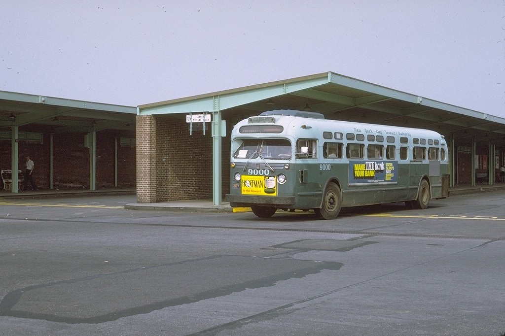 NYCTA No. 9000 working route R117 at St. George Terminal, 1971.