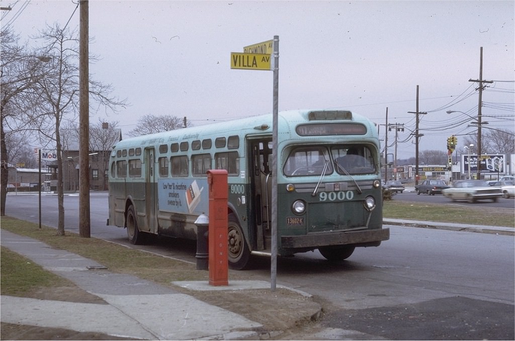 NYCTA No. 9000 working route R107 at Richmond & Villa Avenues, 1972.