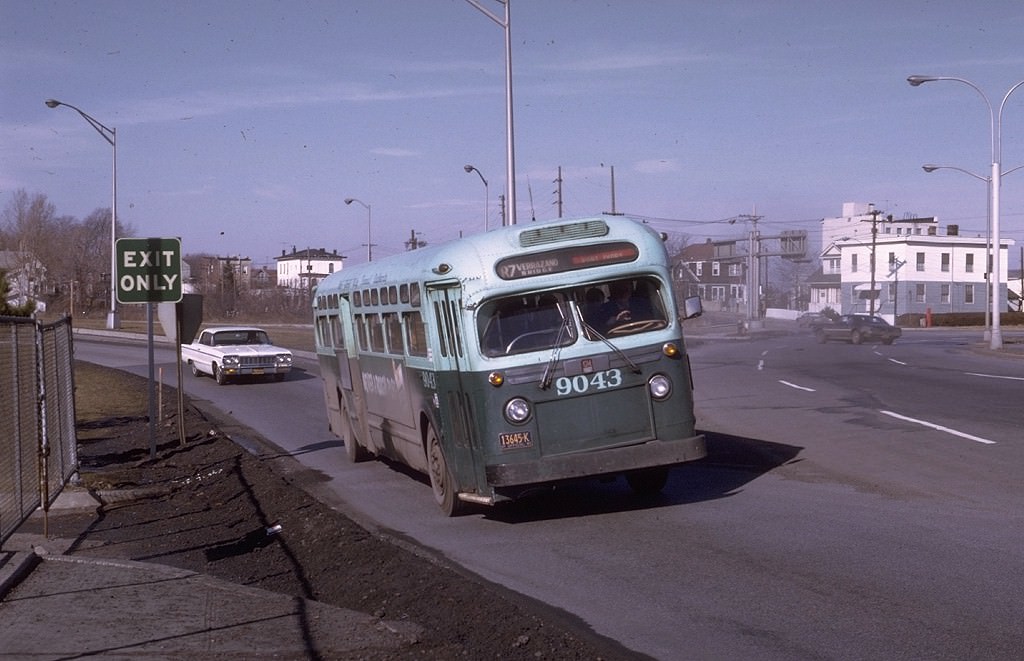NYCTA No. 9043 working route R7 near the Verrazano Bridge, 1970.