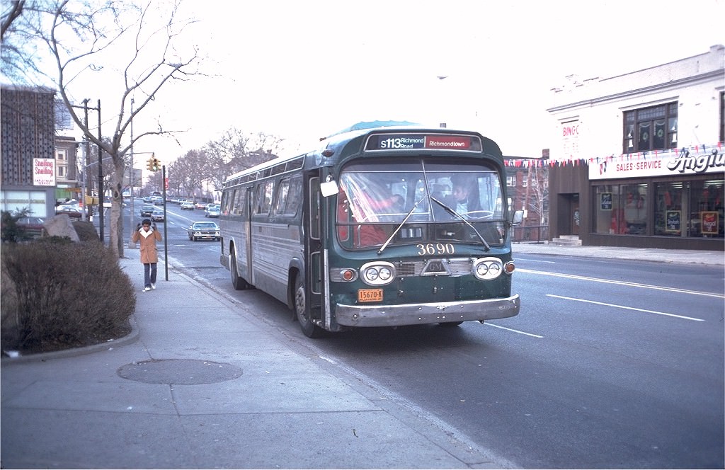 NYCTA No. 3690 working route S113 at Bay Street & Victory Boulevard, 1977.