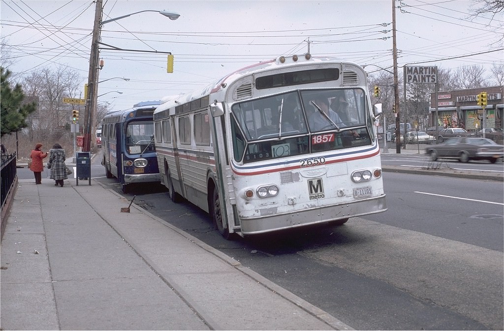 NYCTA No. 1857, leased from WMATA, working route S103 at Hylan Boulevard & Richmond Avenue, 1981.