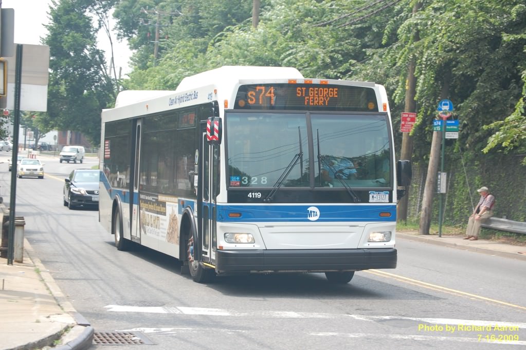 NYCTA No. 4119 working route S74 at Arthur Kill Road & Giffords Lane, 2009.