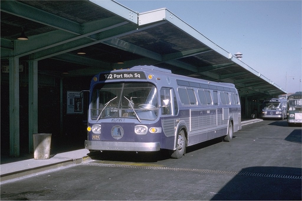 NYCTA No. 6261 working route R102 at St. George Terminal, 1973.