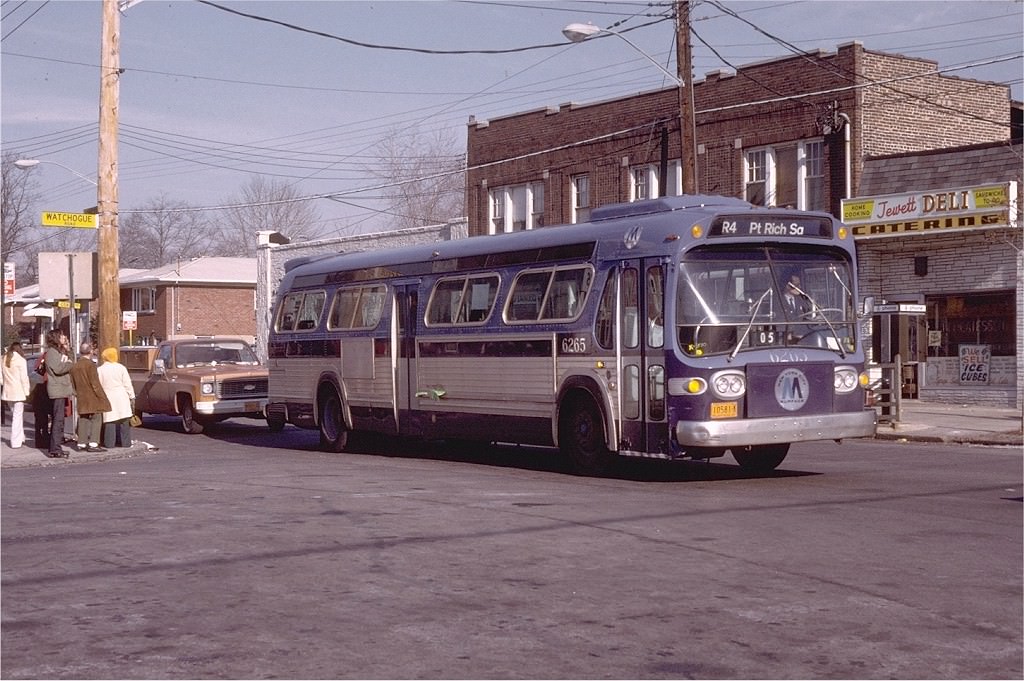 NYCTA No. 6265 working route R4 at Jewett Avenue & Watchogue Road, 1974.
