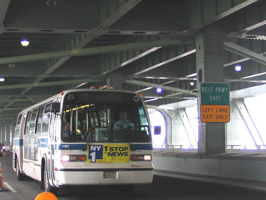NYCTA No. 8307 working route S79 on the Verrazano Narrows Bridge, 2004.