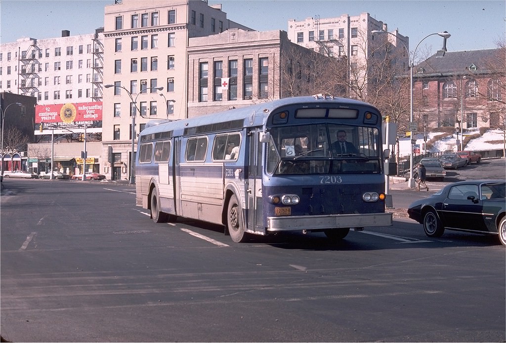 NYCTA No. 7203 working route S6 at Bay Street & Richmond Terrace, 1978.