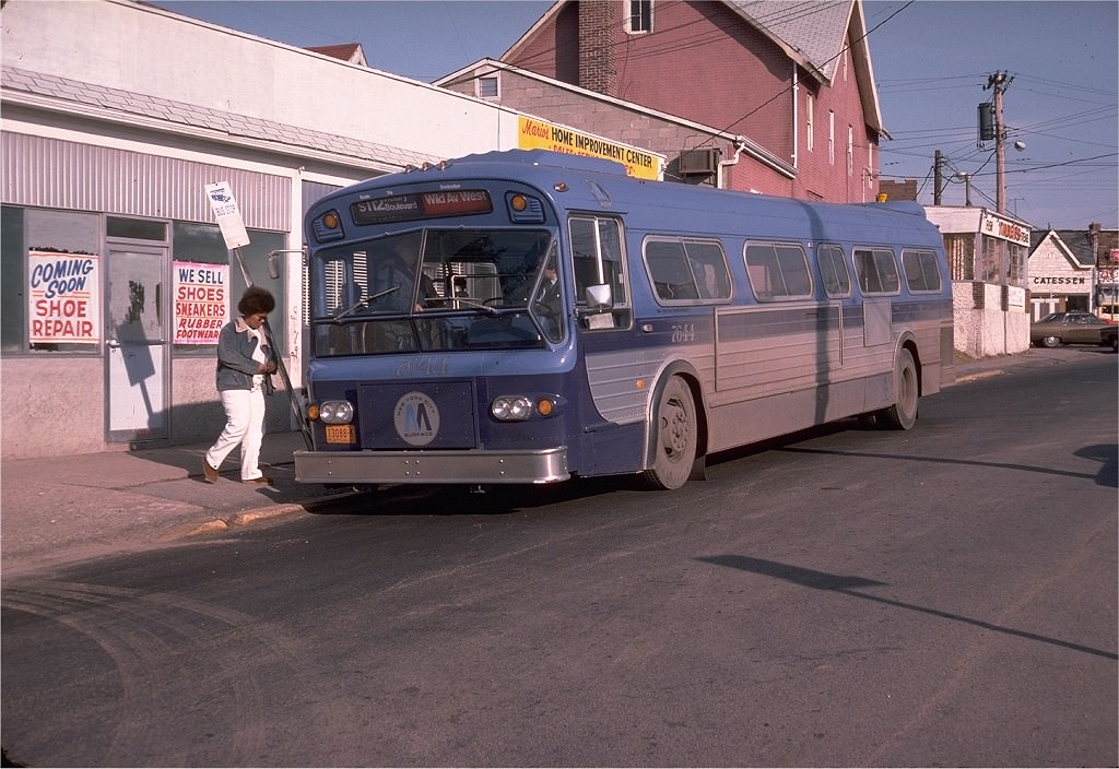NYCTA No. 7644 working route S112 at Watchogue Road & Jewett Avenue, 1976.