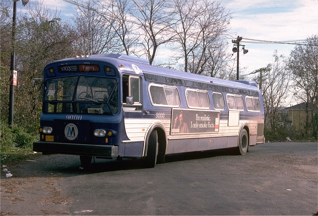 NYCTA No. 9000 working route S103 at the Richmond Avenue Loop, 1977.