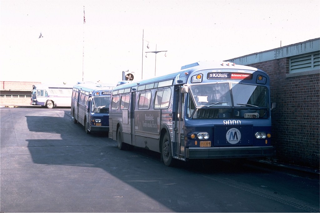 NYCTA No. 9000 working route S103 at St. George Terminal, 1977.
