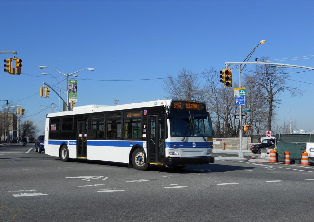 NYCTA No. 7061 working route S46 at Bay Street & Nick Laporte Place, 2012.