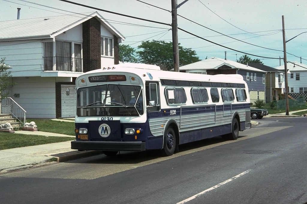 NYCTA No. 9130 working route S103 at Hylan Boulevard & Montreal Avenue, 1978.