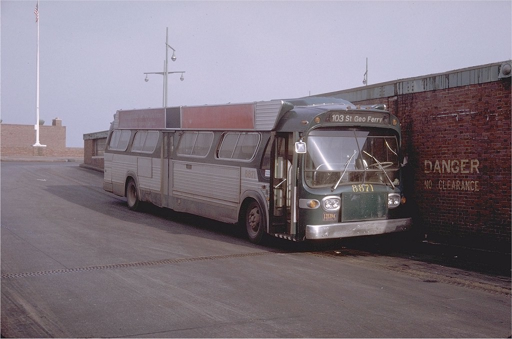 NYCTA No. 8871 working route R103 at St. George Terminal, 1971.