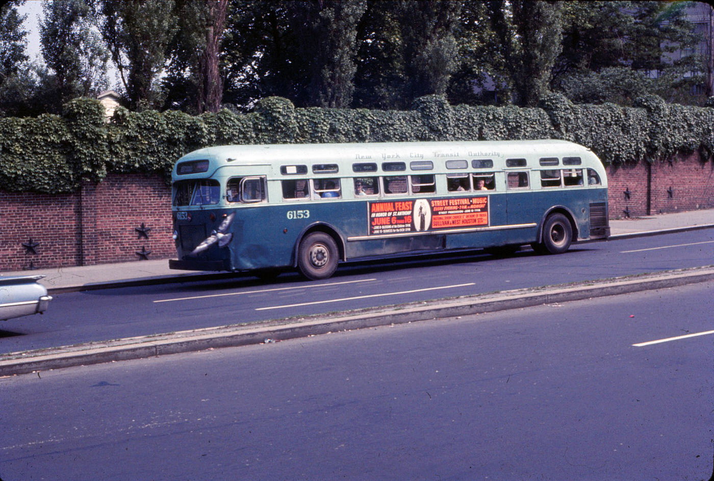 NYCTA No. 6153 working route R107 at Bay Street & Borough Place, 1968.
