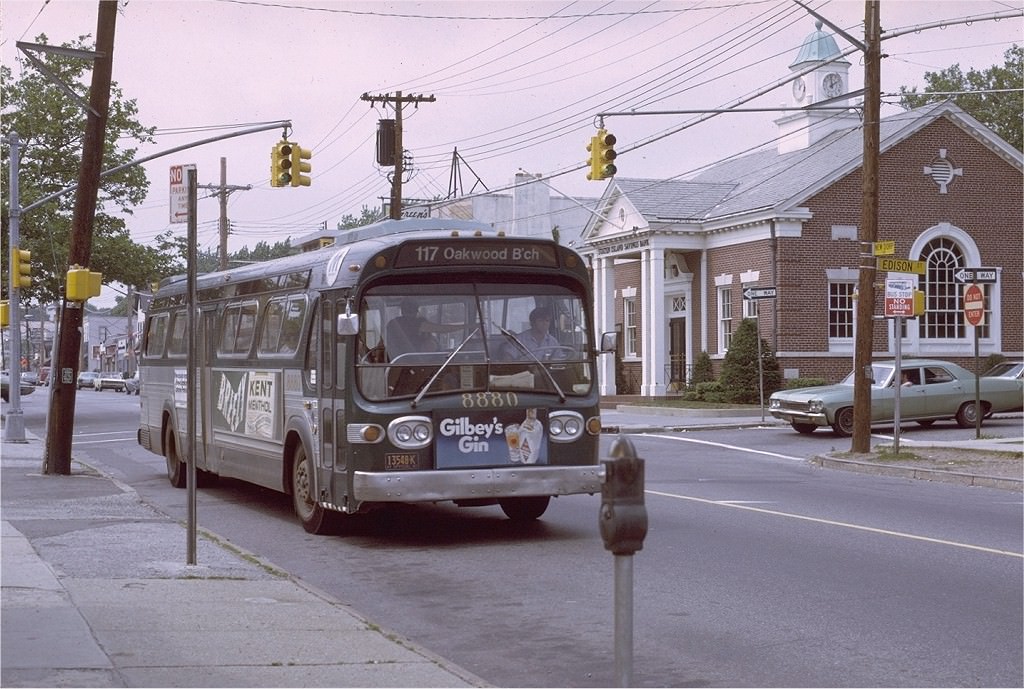 NYCTA No. 8880 working route R117 at New Dorp Lane & Edison Street, 1971.