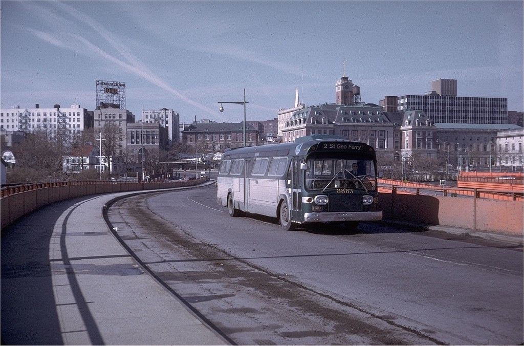 NYCTA No. 8883 working route R2 at St. George Terminal, 1972.