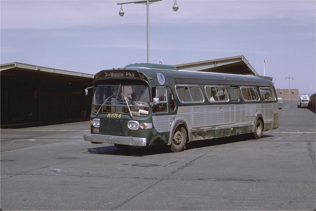 NYCTA No. 8884 working route R3 at St. George Terminal, 1971.