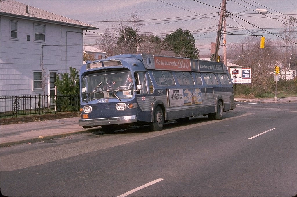 NYCTA No. 8080 working route S103 at Hylan Boulevard & Richmond Avenue, 1977.