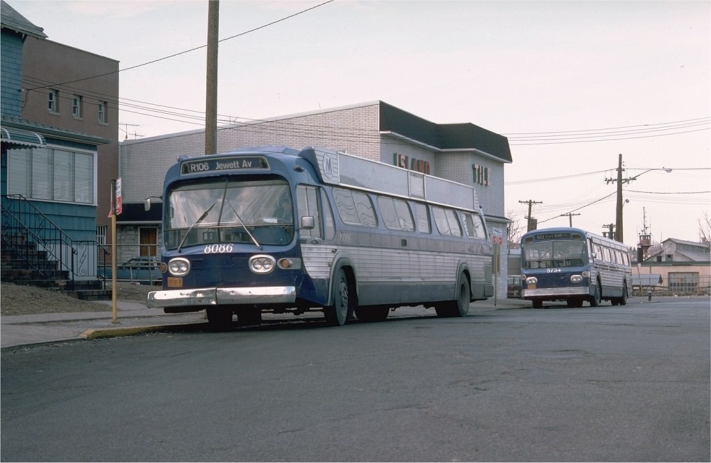 NYCTA No. 8086 working route R106 at Park Avenue & Richmond Terrace, 1976.