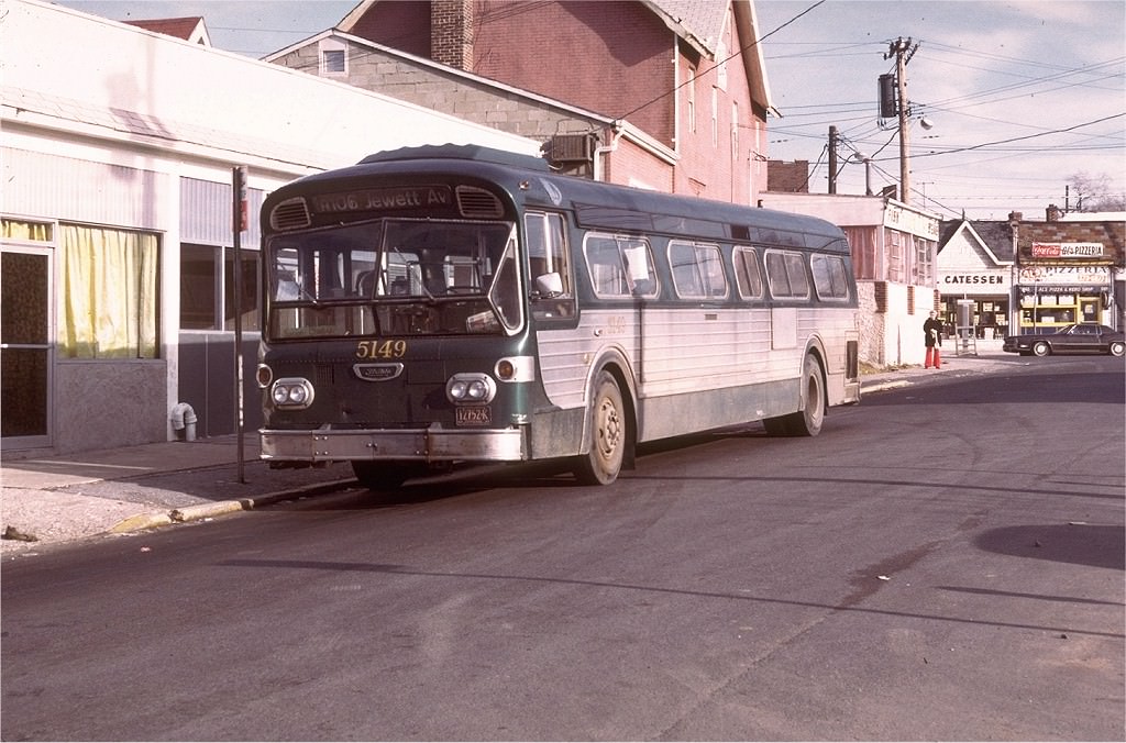 NYCTA No. 5149 working route R106 at Watchogue Road & Jewett Avenue, 1973.