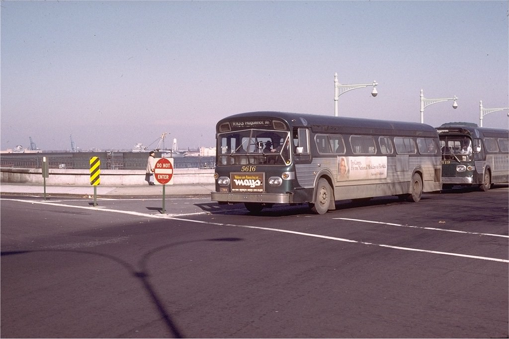 NYCTA No. 5616 working route R103 at St. George Terminal, 1973.
