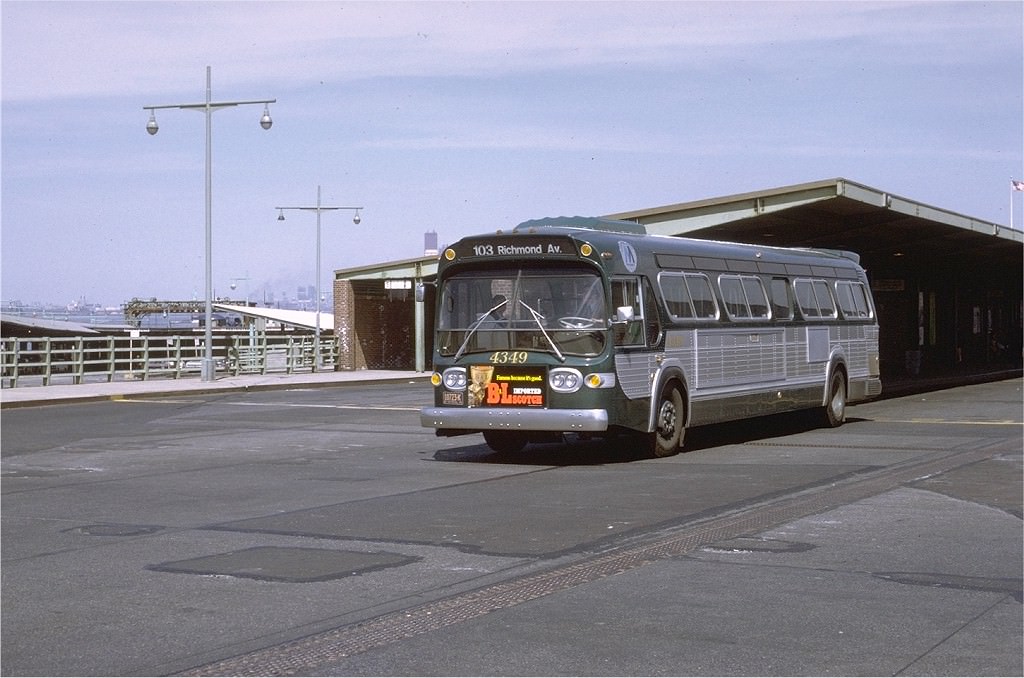 NYCTA No. 4349 working route R103 at St. George Terminal, 1971.