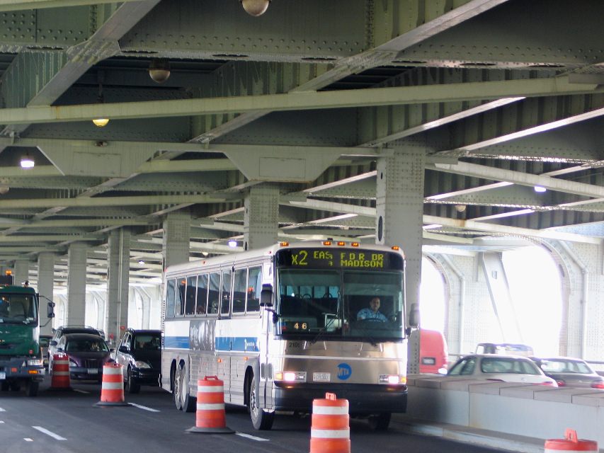 NYCTA No. 2101 working route X2 on the Verrazano Narrows Bridge, 2004.