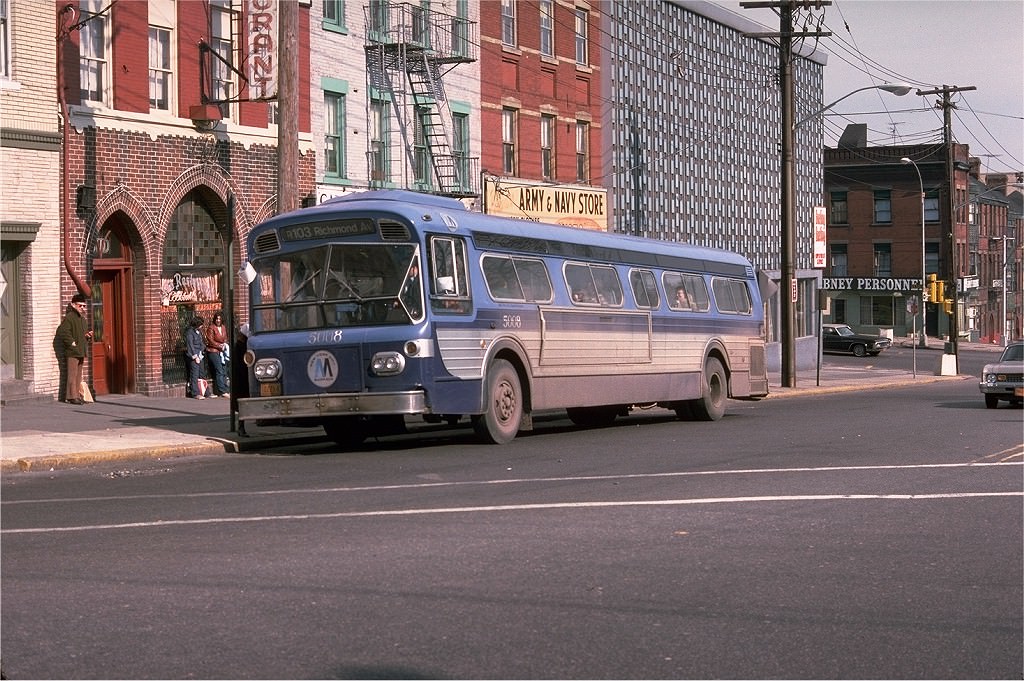 NYCTA No. 5008 working route R103 at Victory Boulevard & St. Marks Place, 1976.