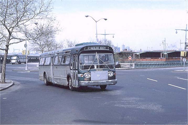NYCTA No. 3607 working route R2 at Bay Street & Borough Place, 1971.