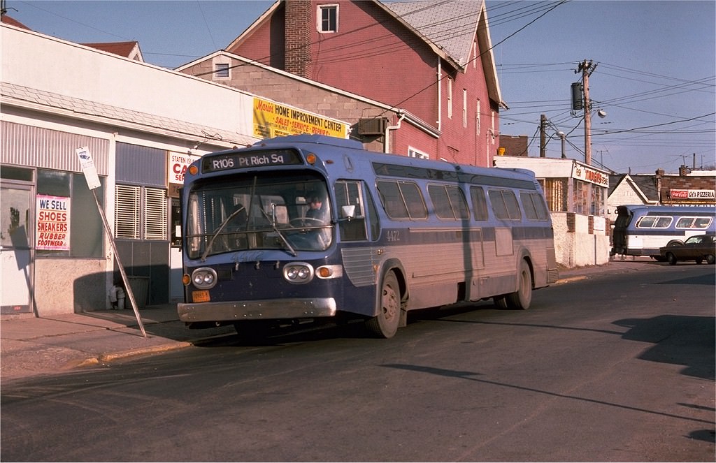 NYCTA No. 4472 working route R106 at Watchogue Road & Jewett Avenue, 1976.
