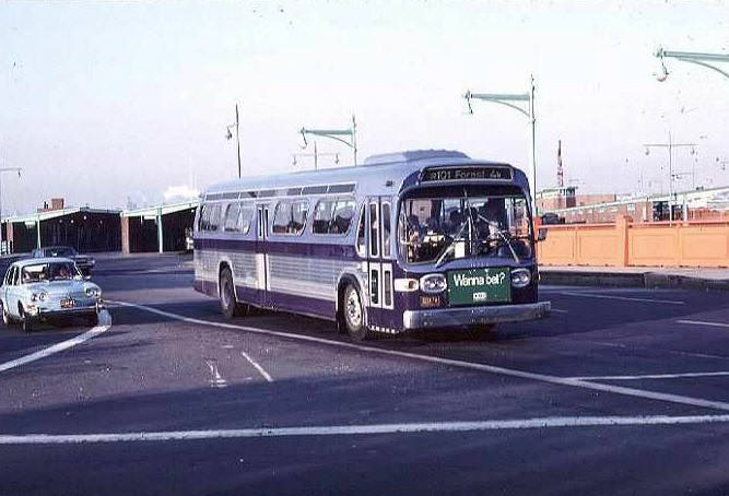 NYCTA No. 3611 working route R101 at St. George Terminal, 1972.