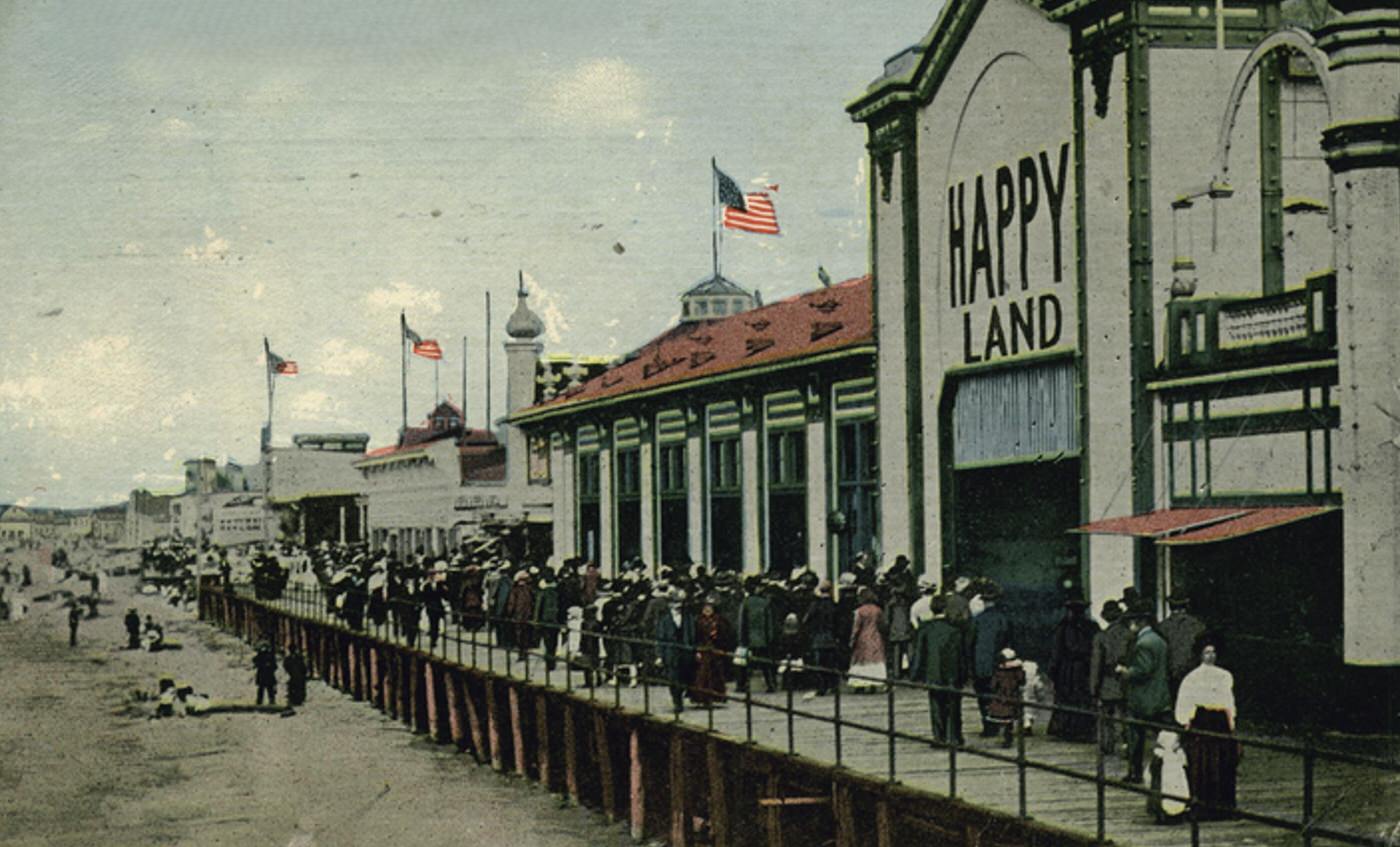 The Boardwalk in front of Happy Land Park, South Beach, 1900s.