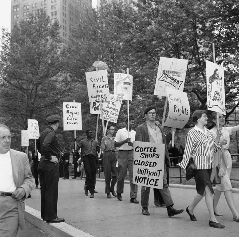 Beatniks protest in front of New York's City Hall, 1960.
