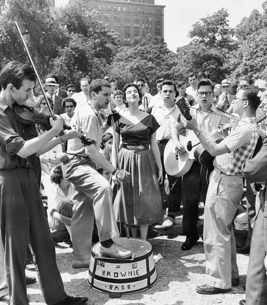Army veteran plays "Brownie Bass" in New York City, 1950s.