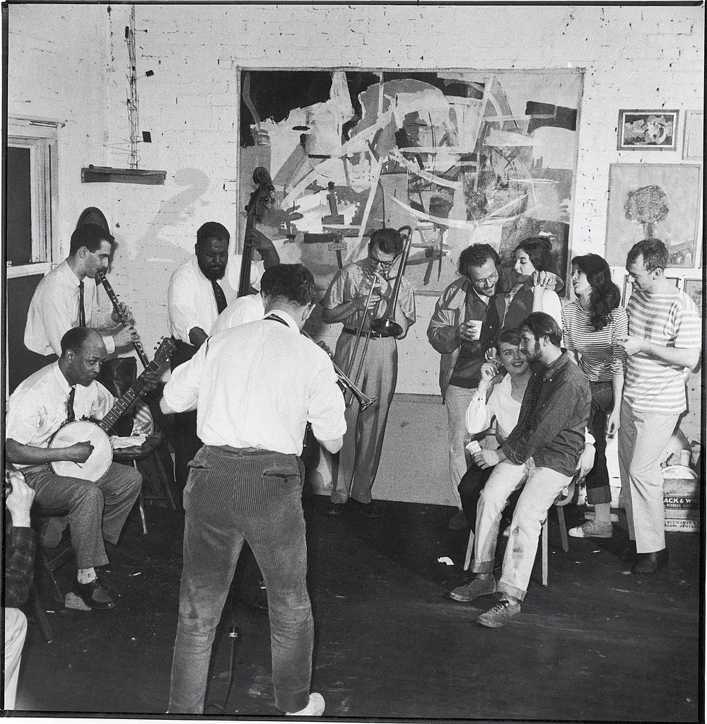 A jazz band plays at a 'Rent a Beatnik' party by Holiday magazine, New York, 1959.