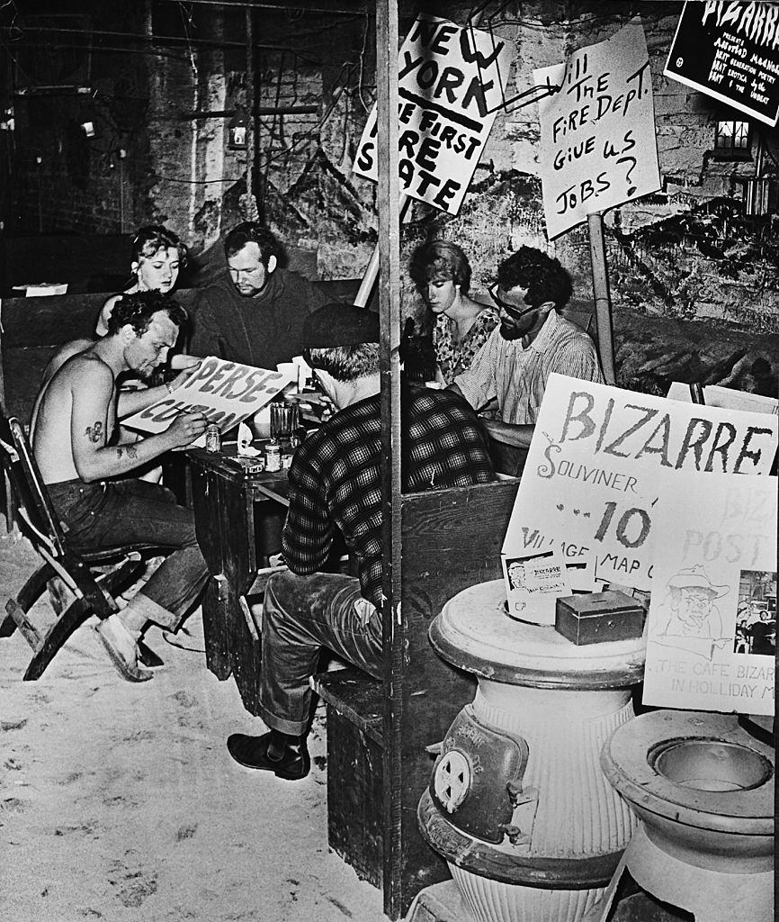 Beatniks preparing for a demonstration in New York, 1962.