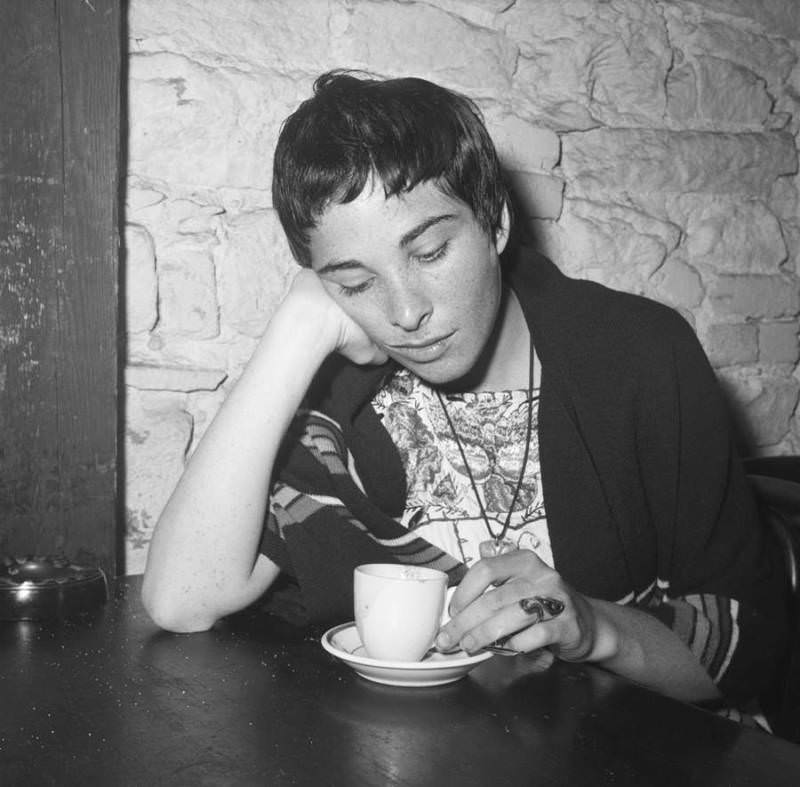 A woman sits in contemplation at Gaslight Cafe, 1959.