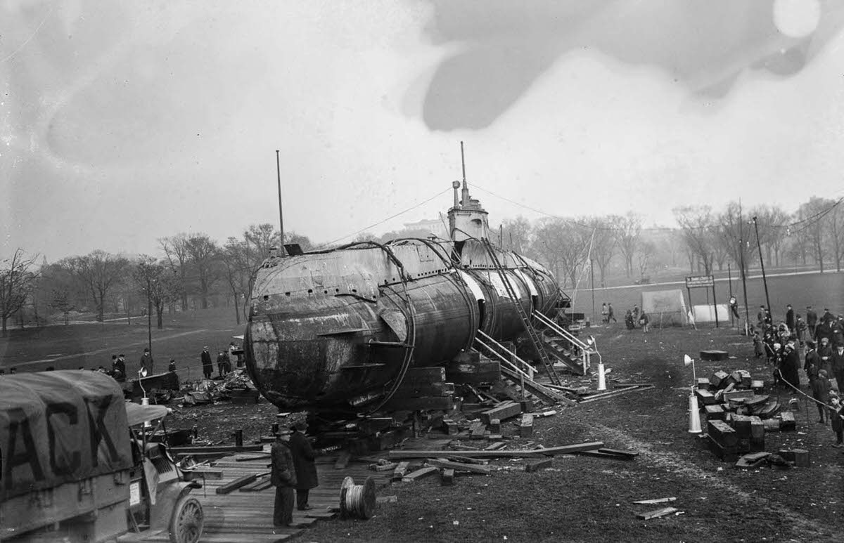 The captured U-boat SM UC-5 is prepared for display in Central Park.