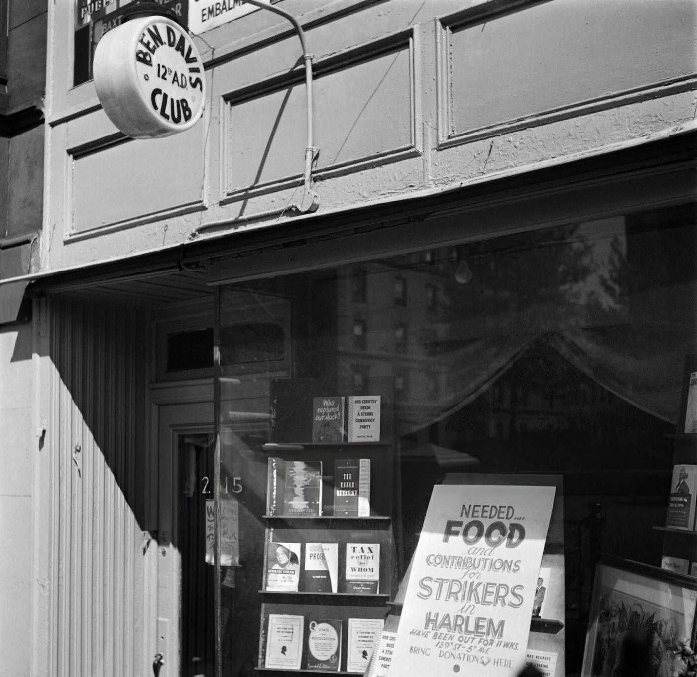 A poster calling for support for strikers is displayed at the "Ben Davis Club" in Harlem, 1946.