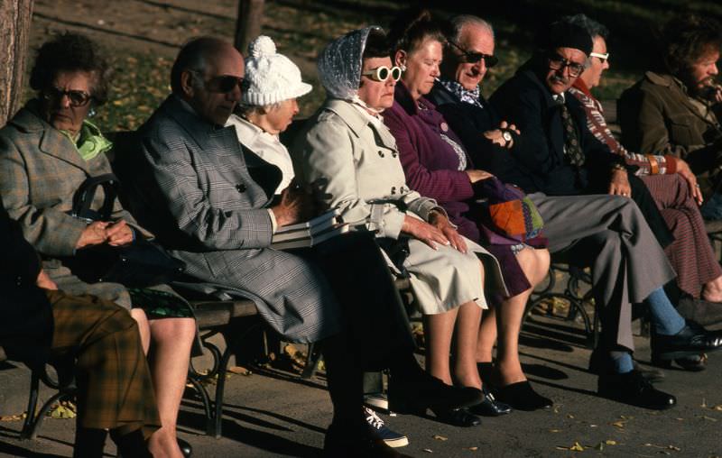 Old people in Central Park enjoying the sun, Manhattan, 1978.