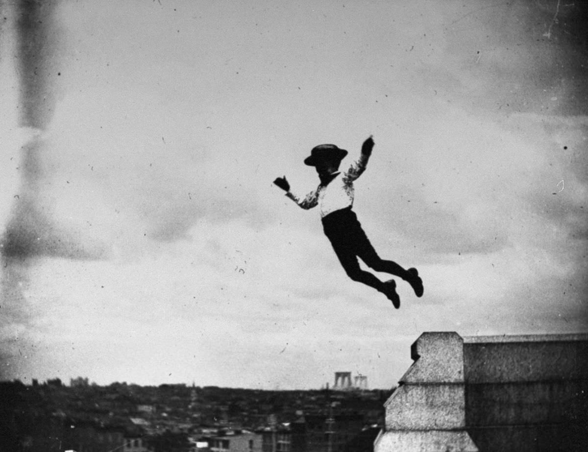 Jamie Swan jumps off a short stone wall at Fort Greene Park in Brooklyn, 1886.