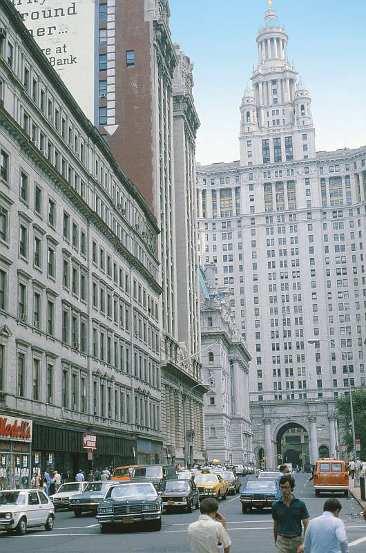 Chambers Street, looking east towards the Manhattan Municipal Building at Centre Street.