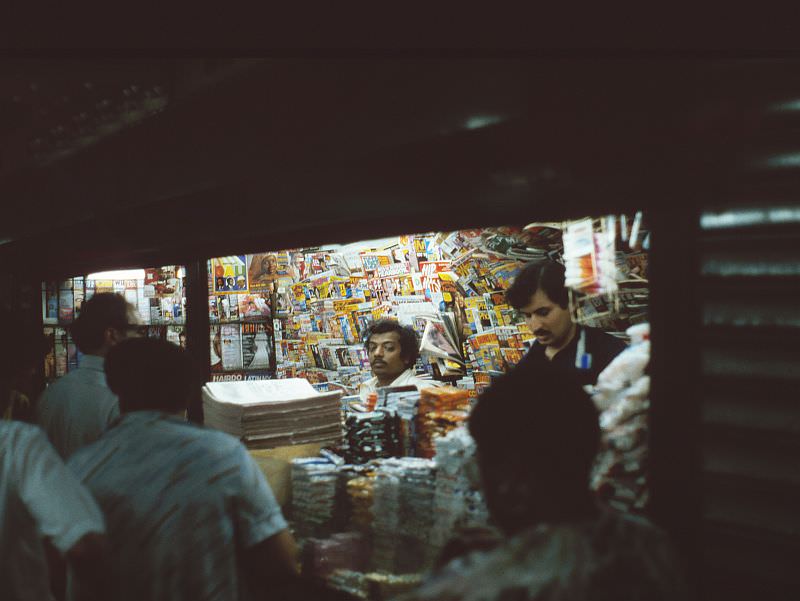 Newsstand at dusk.