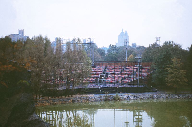 Delacorte Theatre in Central Park on a rainy day, 1979.