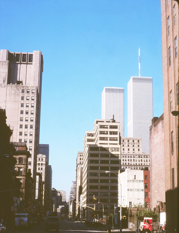 Looking south along Church Street near Leonard Street, a view of the Twin Towers, 1980.