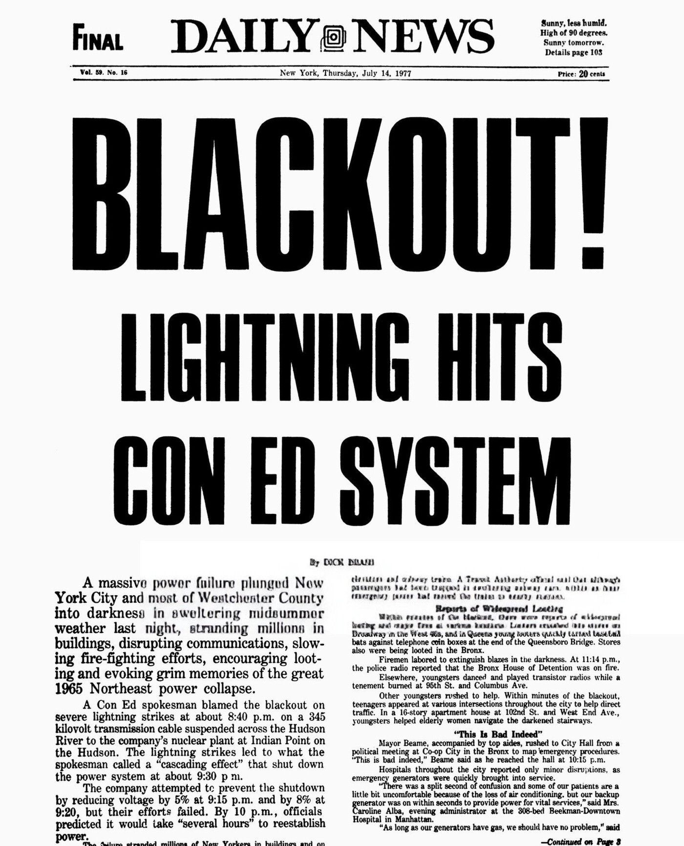 Daily News front page with the headline: Blackout! Lightning Hits Con Ed System, 1977.