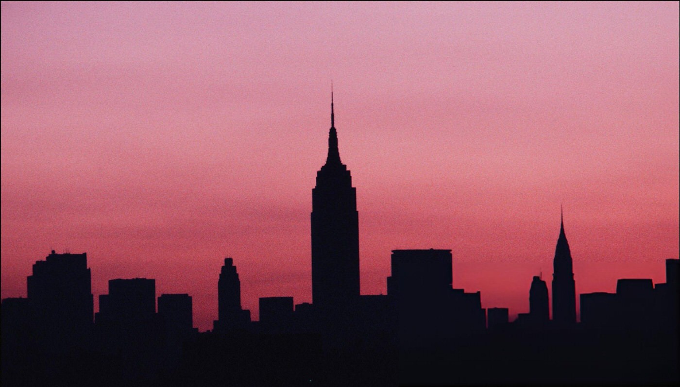 The Manhattan skyline shows no lights due to a power blackout, New York, taken from Jersey City, New Jersey, 1977.