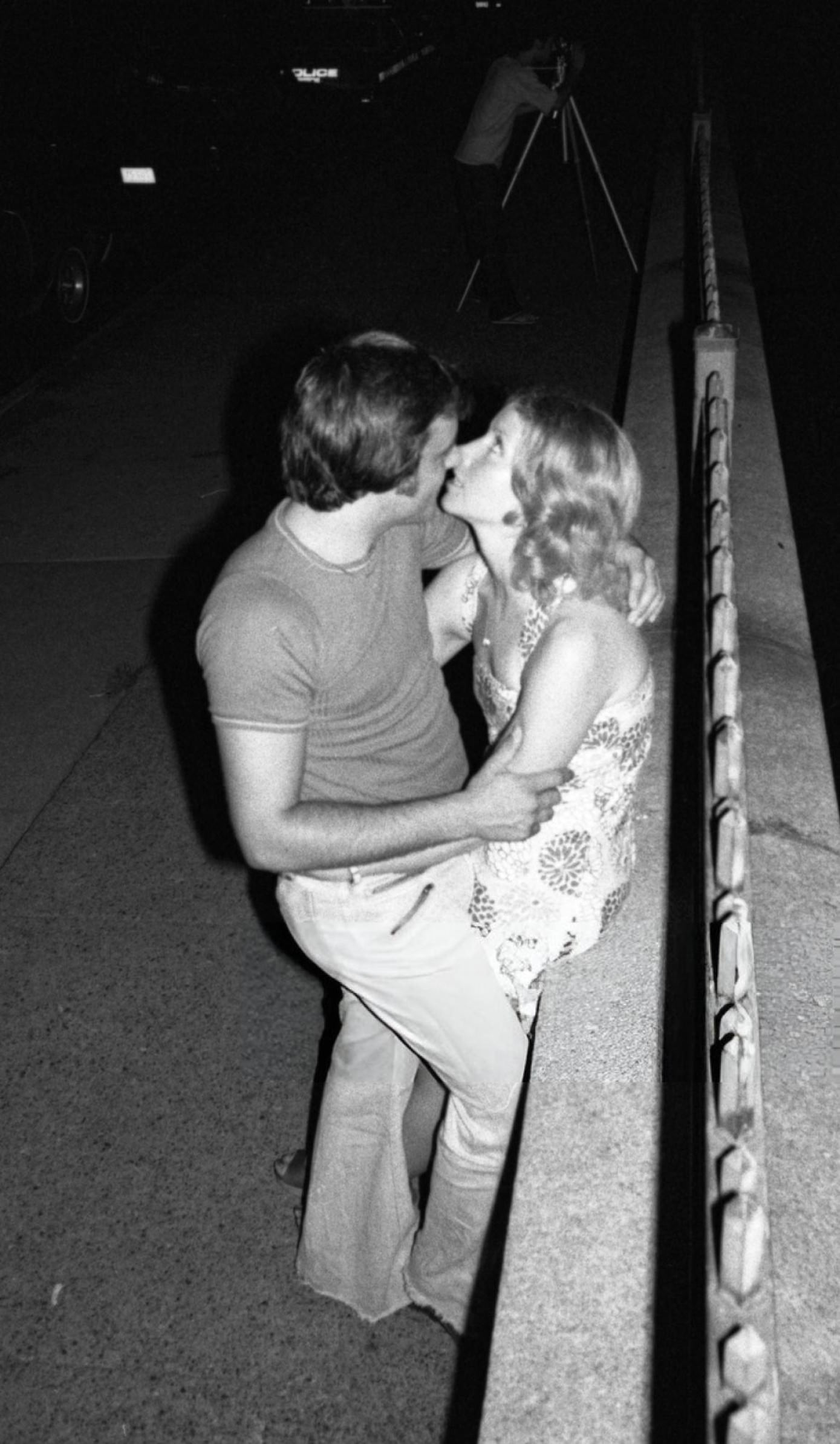 A couple kiss on the Staten Island ferry during the blackout, 1977.