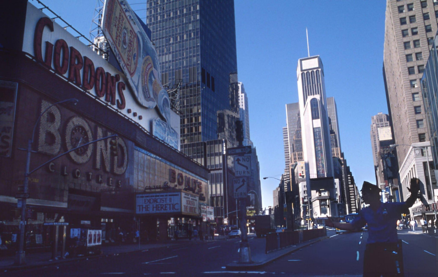 A police officer directs traffic in Time Square during a blackout, 1977.