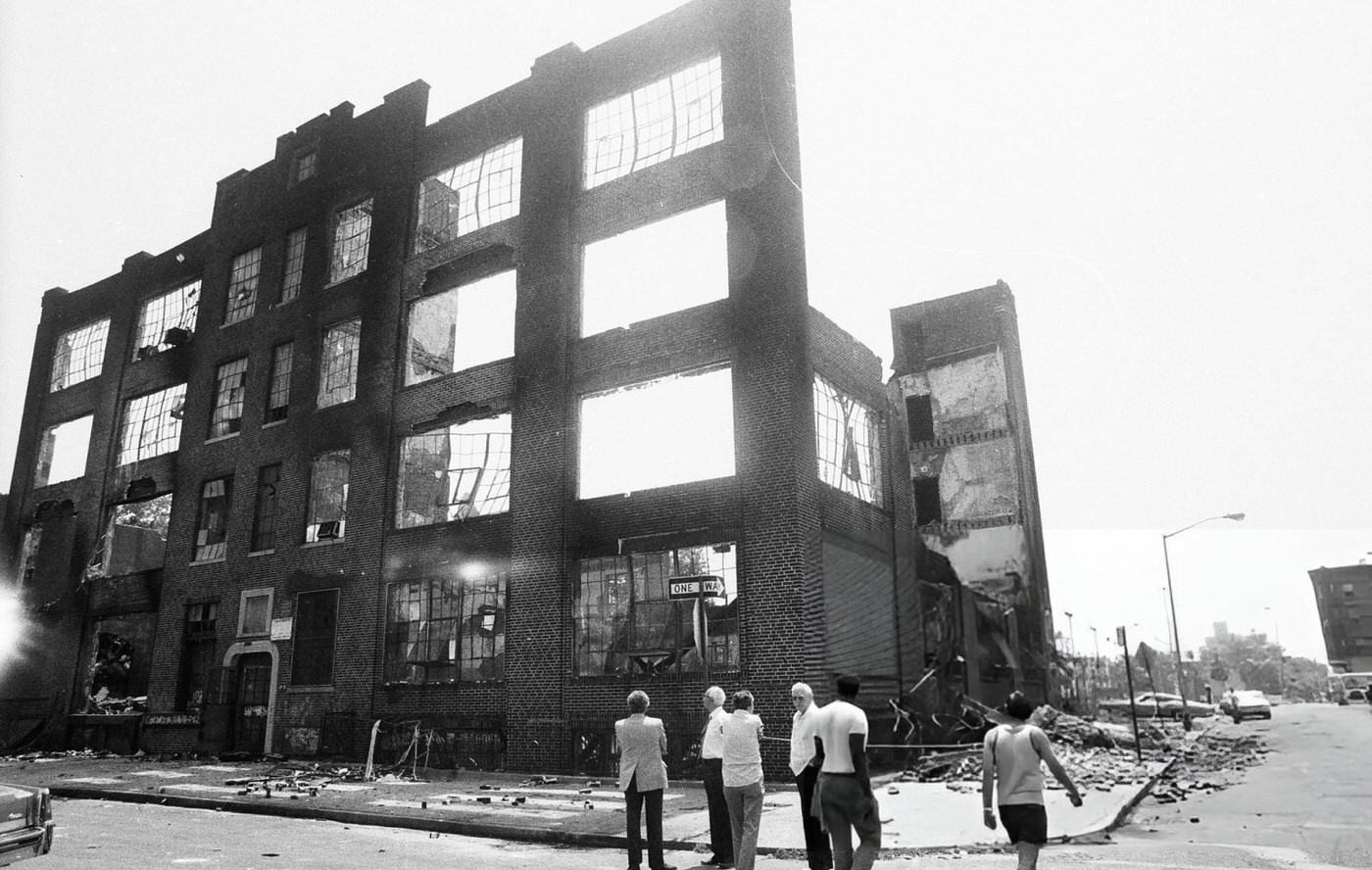 A burned-out Brooklyn factory after the blackout, 1977.