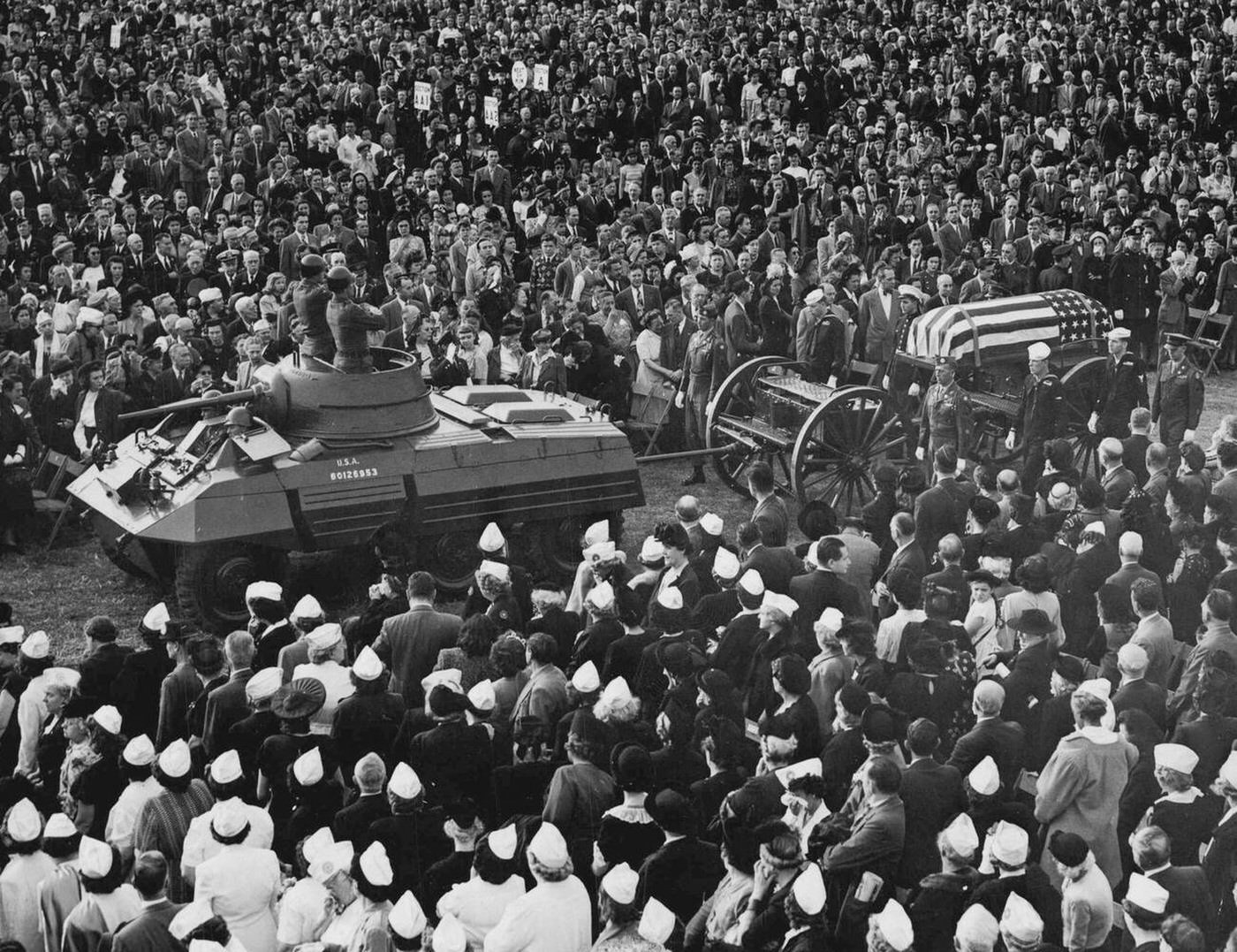 An Army caisson bears a flag-draped casket containing the body of an unidentified Congressional Medal of Honor recipient, Central Park, New York City, 1947.
